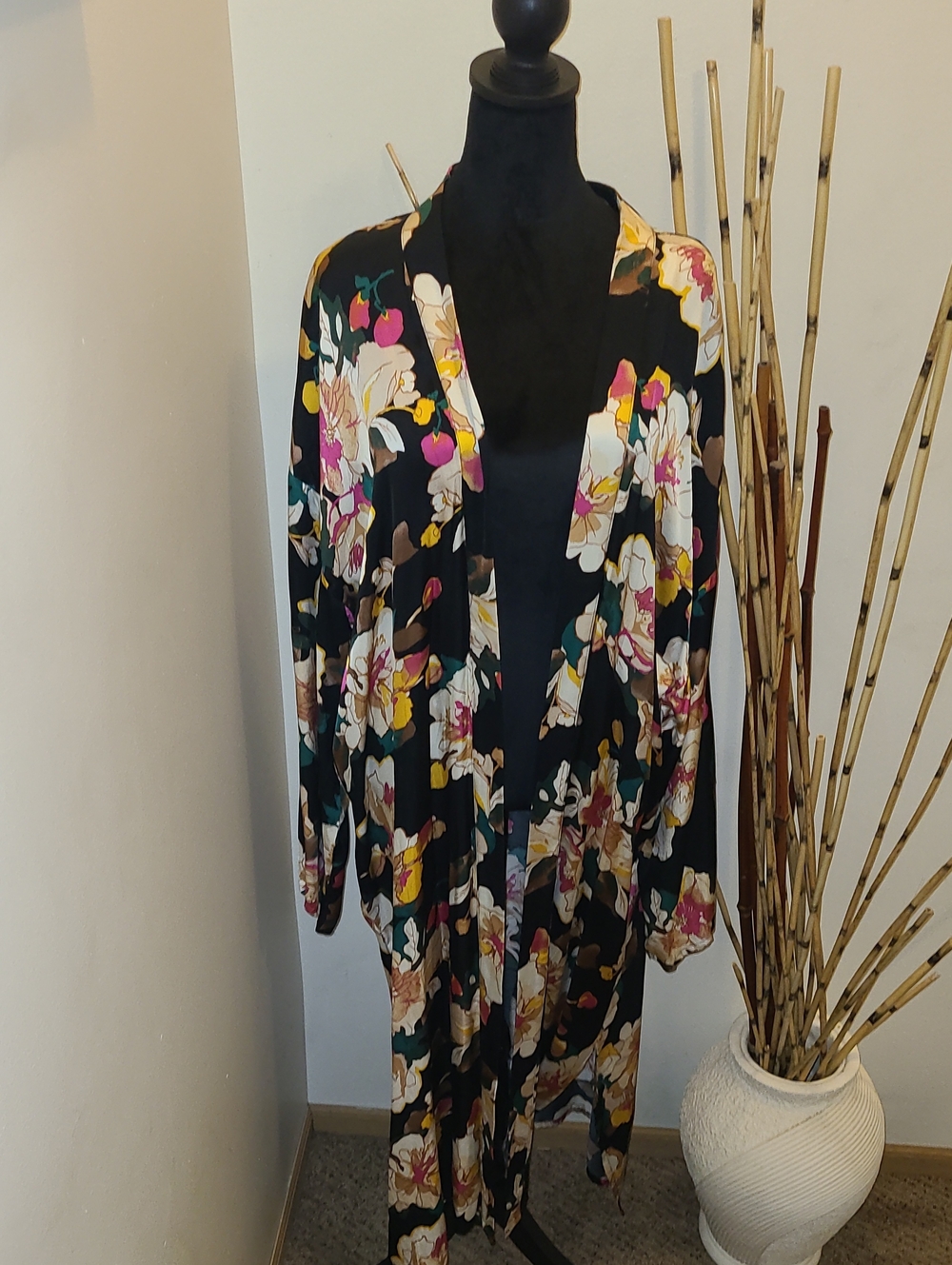 Forever 21 Black Satin Floral Duster Kimino with Multicolor Blooms